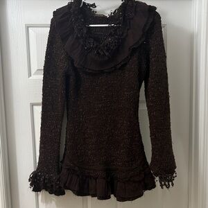 Elegant Brown Ruffled Women's Sweater